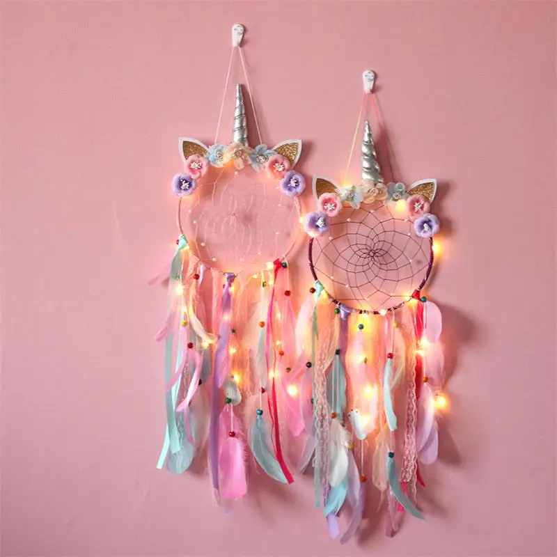 Unicorn Dreamcatcher Led Light Feather Dream Catchers Feather Handmade Wall Hanging Decor Tassels Dreamcatcher Home Decoration