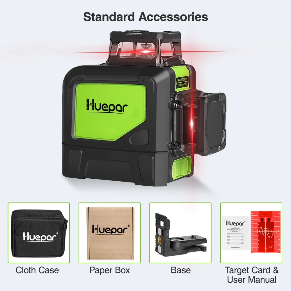 Huepar 2D 8 Lines Laser Level Vertical Horizontal Line Self Leveling 360° Coverage Red Beam Laser Tools With Pulse Mode Bracket