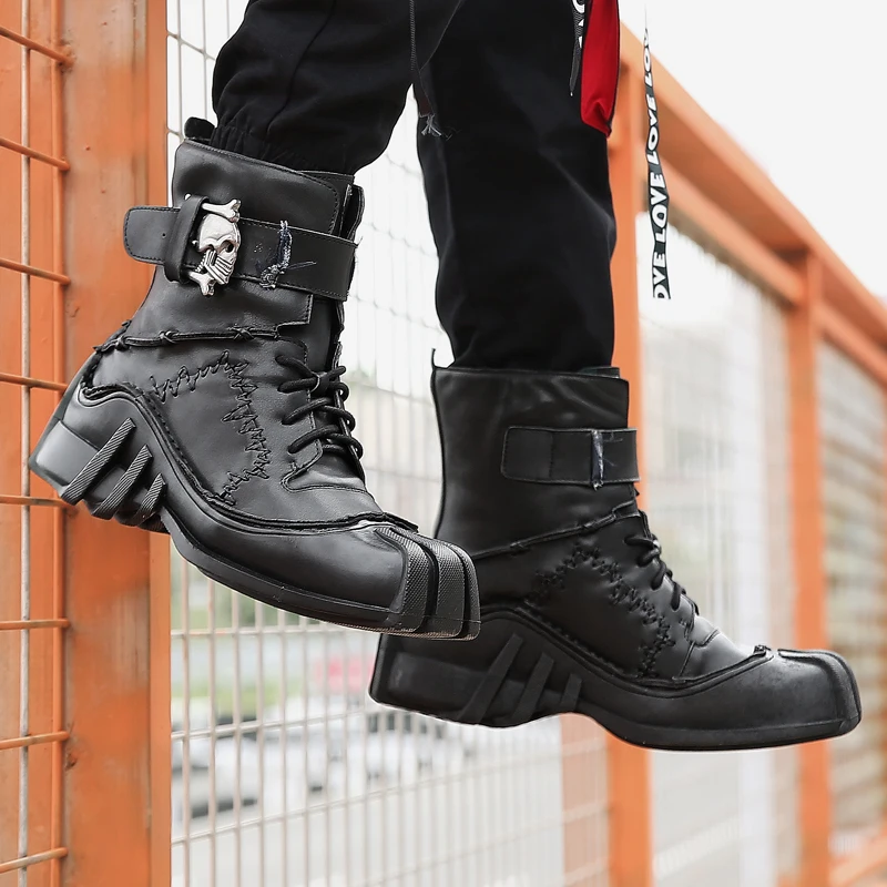 Cowhide Genuine Leather Motorcycle Boots Skull Punk Fashion Cowboy Moto Boots Mid-calf Army Boots Desert Boots 50