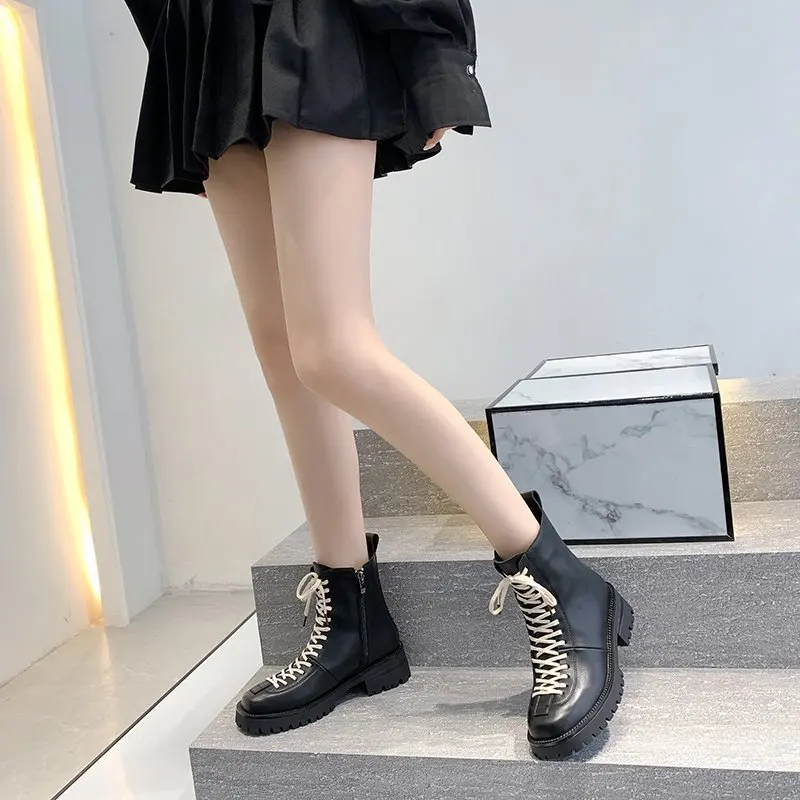 Women Boots Leather Women Black Ankle Boots Motorcycle Boots Female Spring Autumn Winter Thick Shoes Woman Punk Shoes