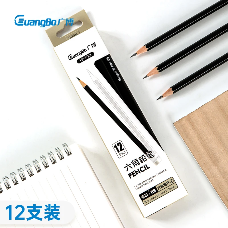 12pcs/set Guangbo HB Pencil wooden pencils Black Hexagon For Painting And Writing 2H HB 2B 3B 3H 4B 5B 6B 8B 10B Office School