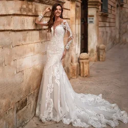 Romantic Lace Mermaid Wedding Dress Customized Illusion Bridal Gown Long Sleeves Appliques Court Train Bride Dresses