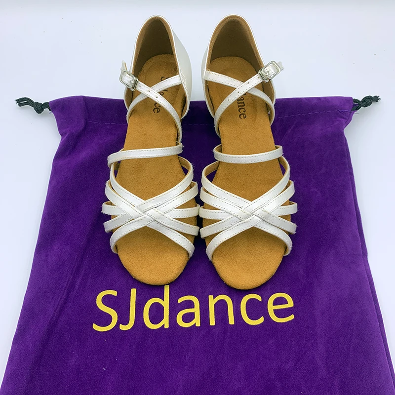 SJdance Kids Dance Shoes Satin Sandal Girls Latin Dancing Shoes pro Soft Sole white competition dark tan comfortable stable heel