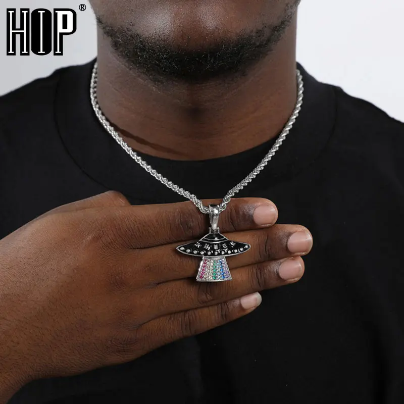 Hip Hop Iced Out Micro Paved Alien UFO Colorful Cubic Zirconia Pendant Necklace For Men Rapper Jewelry With Solid Back