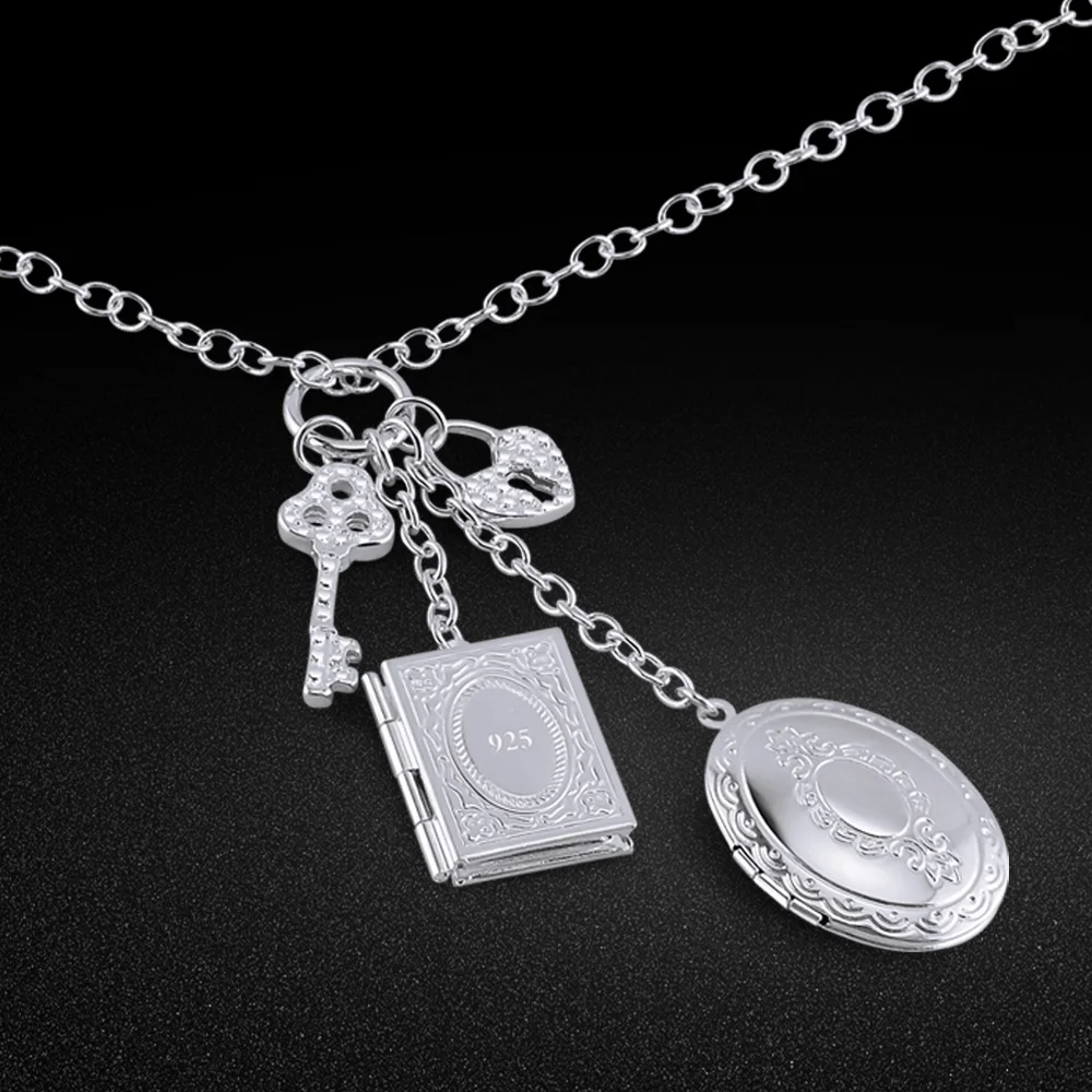 

Fashion 925 sterling silver necklace female creative box pendant design can put photos necklace solid silver clavicle necklace