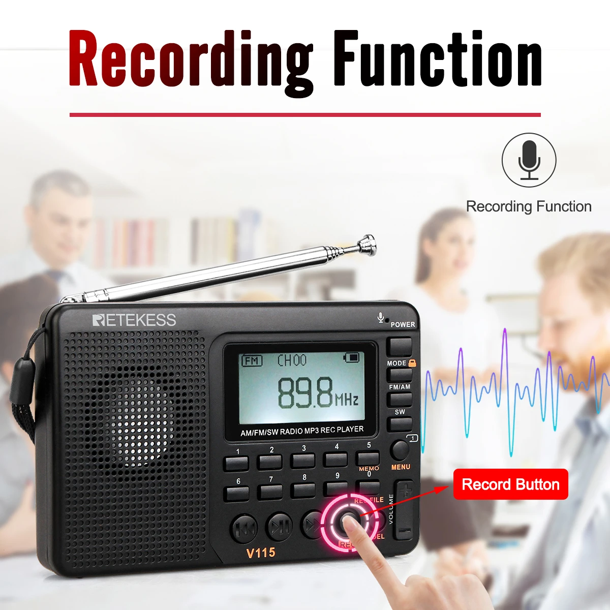 Retekess V115 FM/AM/SW Digital Radio Portable Receiver Backlight LCD Display Support TF Card REC Recorder Sleep Time