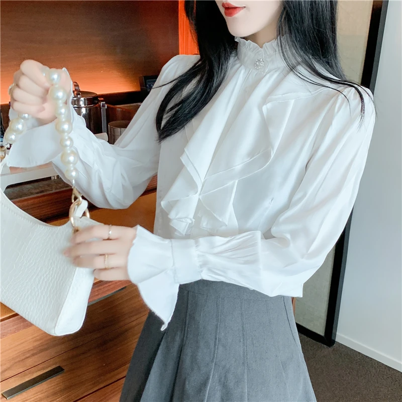 Trumpet Flare Long Sleeves Shirts Women White Blouse Medieval Victorian Royal Court Palace Tops Large Size Flounce Frill Camisa