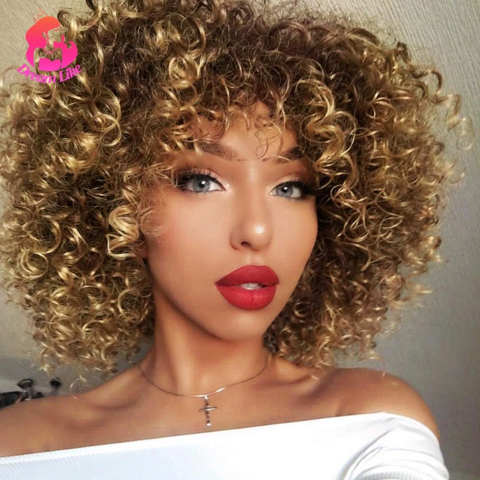 Dream Like Ombre Color Short Curly Synthetic Wigs for Black/white Women Cosplay Party Blonde And Brown Afro Wig With Bang