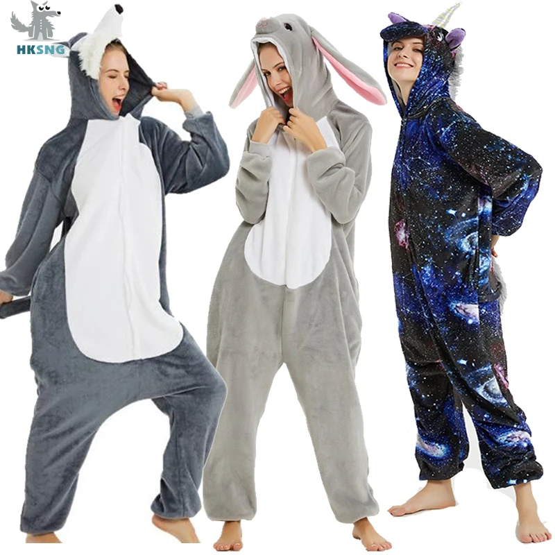 

New High Quality Adult Wolf Onesie Kigurumi Flannel Rabbit Unicorn Costume Pajama Animal Halloween Party Jumpsuits Pyjamas Suit