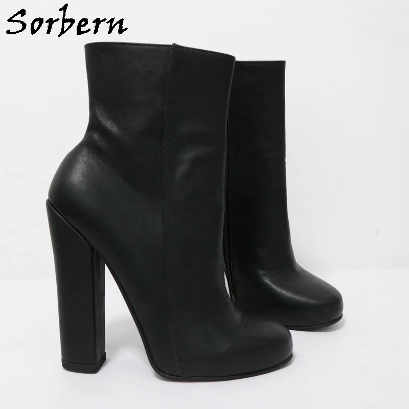 Sorbern Black Ankle Boots Women Real Leather Short Booties Unisex Side Zipper Block High Heels Round Toe