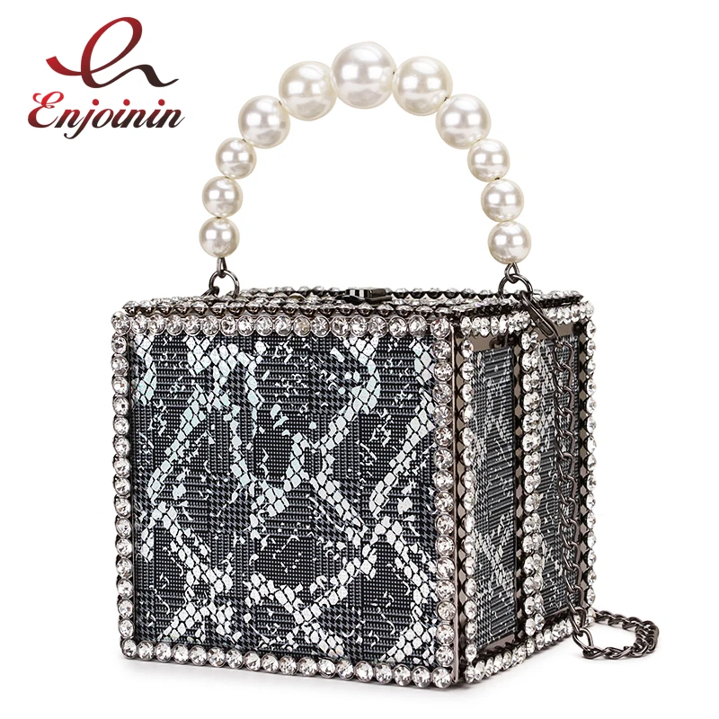 New Style Box Style Snakeskin Transparent Beaded Handle Diamond Ladies Party Handbag Dinner Chain Purse Totes Women Shoulder Bag