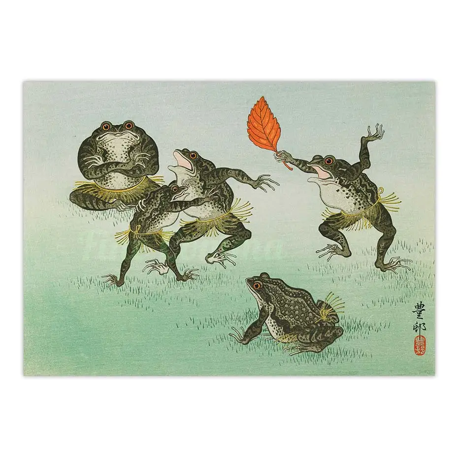 Japanese Wall Art Poster Battle Of The Frogs Sumo Frogs Japan Woodblock Canvas Print Illustration Vintage Poster Decor Gift