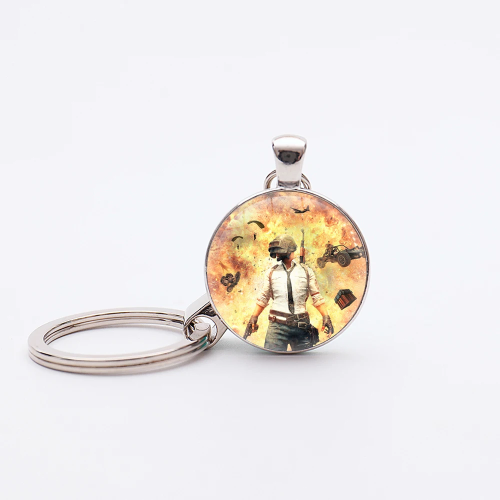 Hot Game PUBG Keychain Playerunknowns Battlegrounds Backpack Key Holder Glass Dome Cabochon Keyring Jewelry