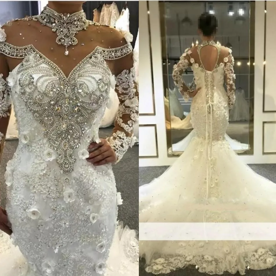 Vestido de noiva luxo estilo sereia, vestido de casamento, alta, sem mangas, cristais, ilusão, longo, com renda