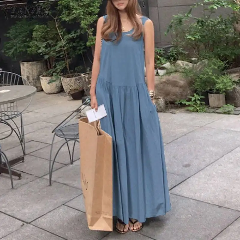 Elegant Denim Blue Dress Women\'s Summer Sundress 2023 ZANZEA Sleeveless Tank Vestidos Female Pleated Beach Robe   7