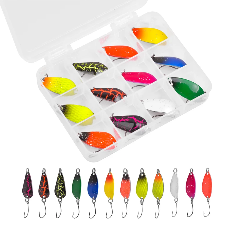 12Pcs/Box Fishing Spoon Lure Set Metal Baits Fishing Lures For Trout Char Perch Fishing With Tackle Box