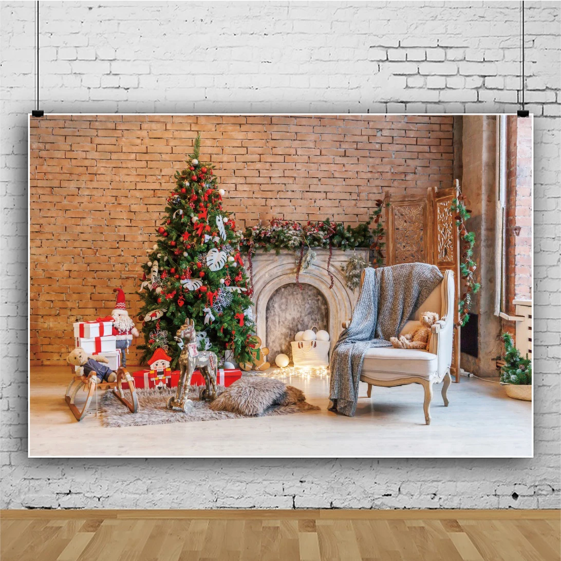 

Laeacco Christmas Tree Backdrop Brick Wall Fireplace Banner Sofa Candle Bear Toy Child Photocall Poster Photographic Background