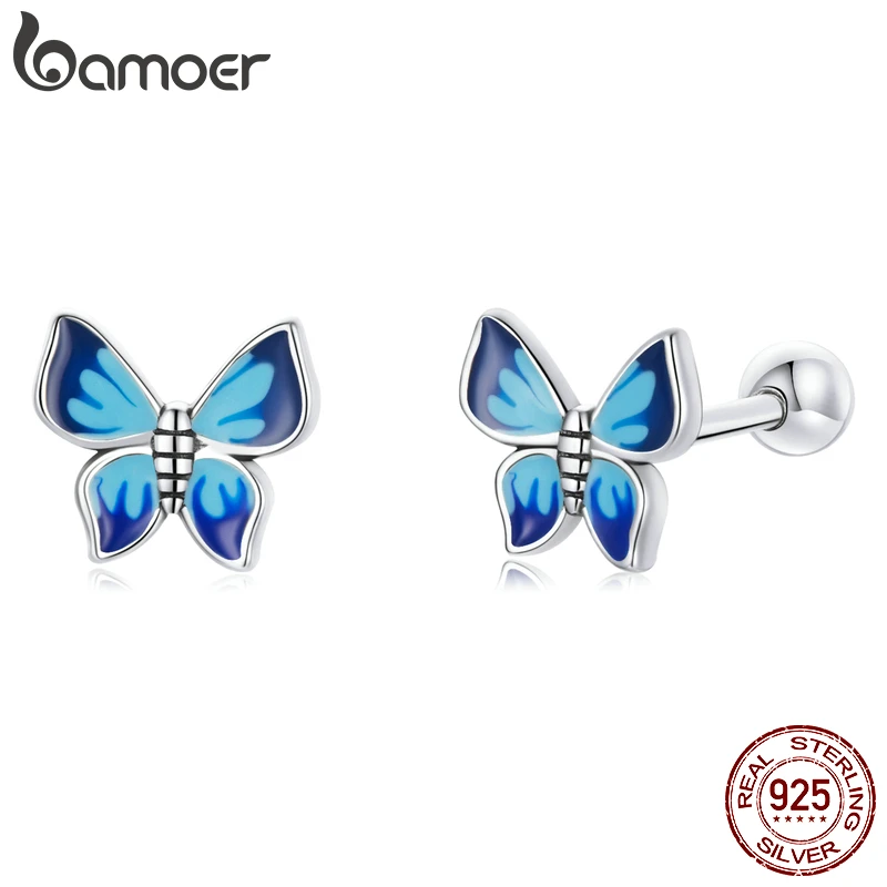 BAMOER 925 Sterling Silver Blue Enamel Piercing Earrings Elegant Hypoallergenic Butterfly Earrings for Women Fine Jewelry Gift