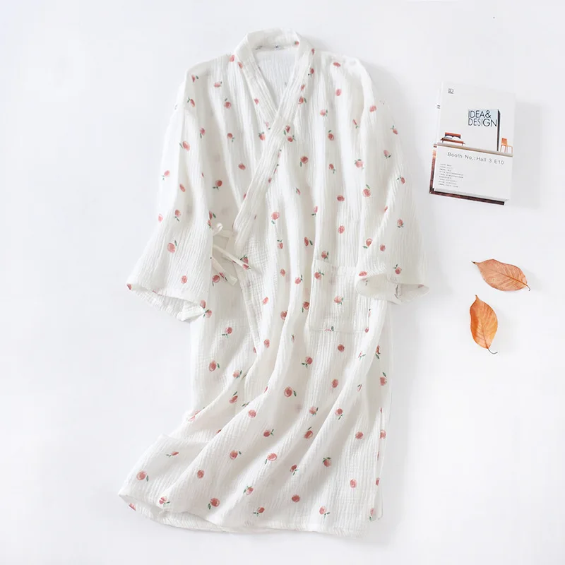 Japanese Kimono Robes for Women 100% Cotton Gauze Bathrobe Summer Thin Sleepwear Long Sleeve Nightgown Plus Size Dressing Gown