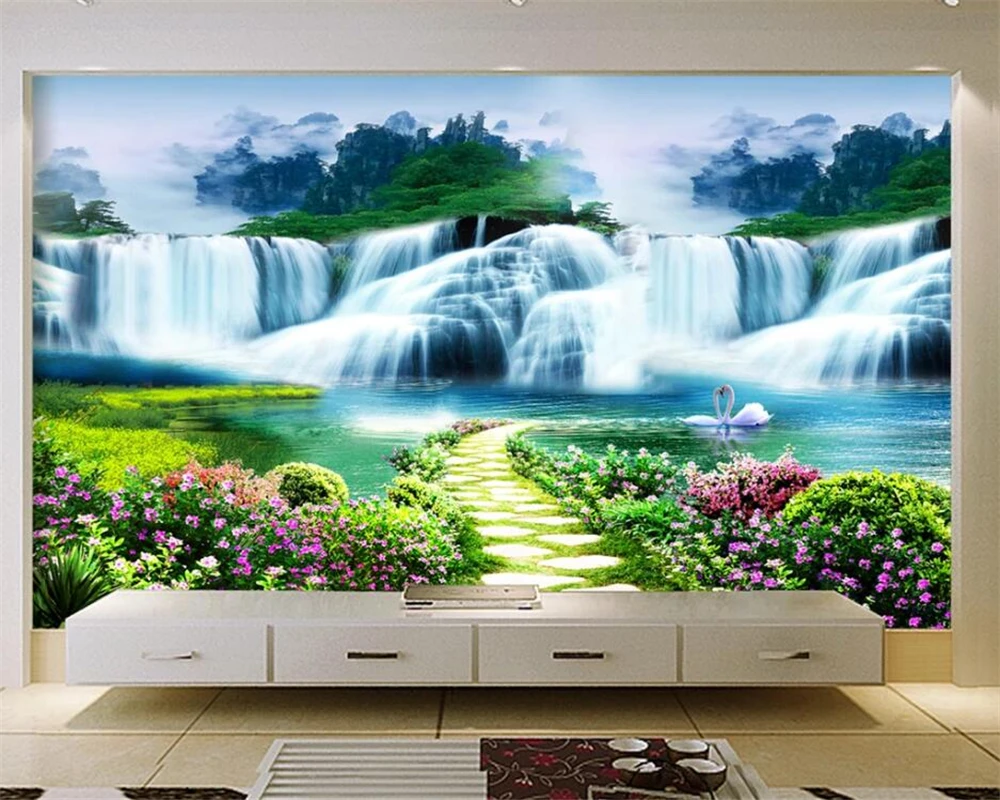 Custom wallpaper 3d flower bush path waterfall landscape scenery living room bedroom background painting papel de parede обои 3d