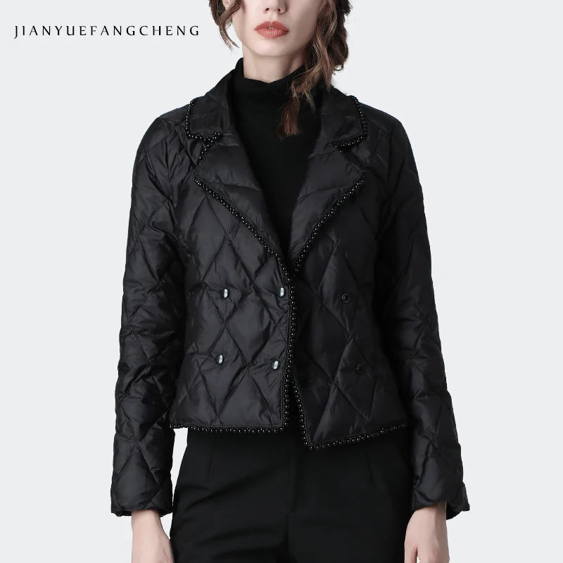 Fashion Women Winter Down Jacket Black Slim Short Duck Down Puffer Coat Warm Thicken Ladies Winter Top Luxury Beaded Down Jacket