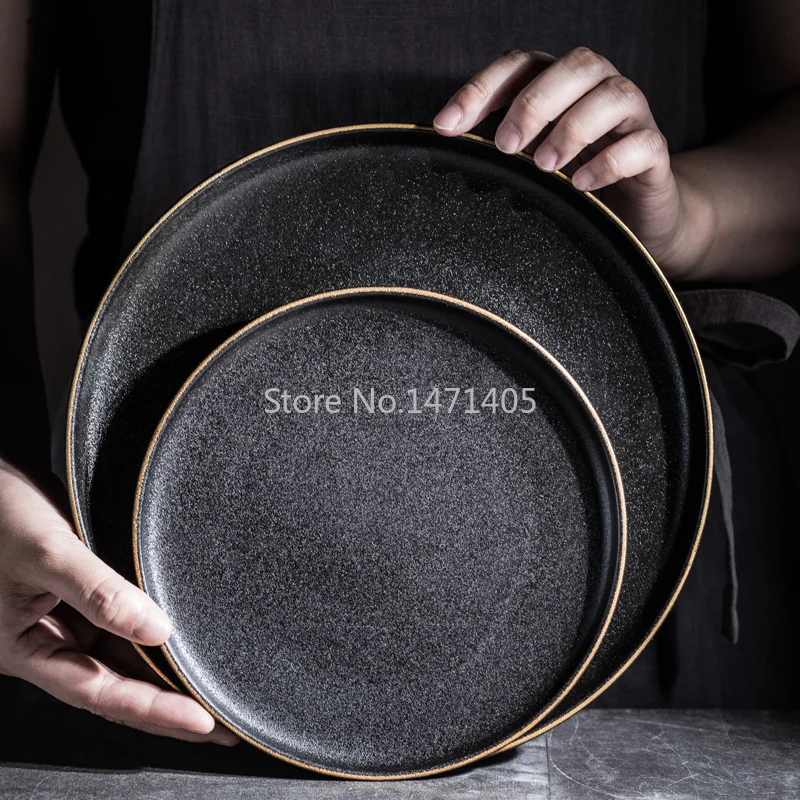 Nordic Household Ceramic Dish Frosted Seamless Western Dish Tray Steak Plate Black Gold Rim Cutlery Round Flat Plate