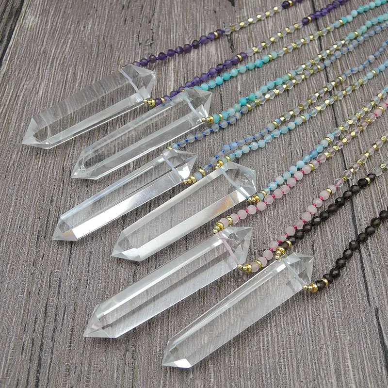 

Clear Quartz Crystal Pillar Point Pendant Necklace 4mm Mixed Stones Facted Round Beads Knot Handmade 30inches 40inches