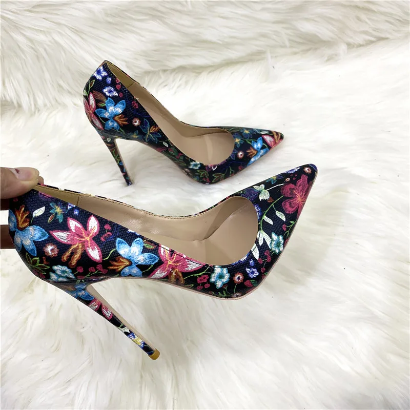 Heelgoo Floral Print Women Pointy Toe 8-12cm High Heel Chic Party Shoes Ladies Sexy Designer Stiletto Pumps Large Size 43 44 45