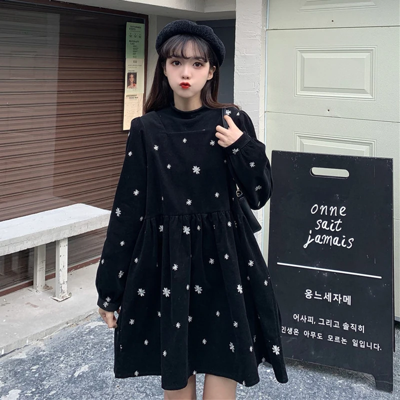 Black Dress Women's Autumn and Winter Retro Square Collar CorduroyThickened Mid-Length A- line Dress sweet lolita dress