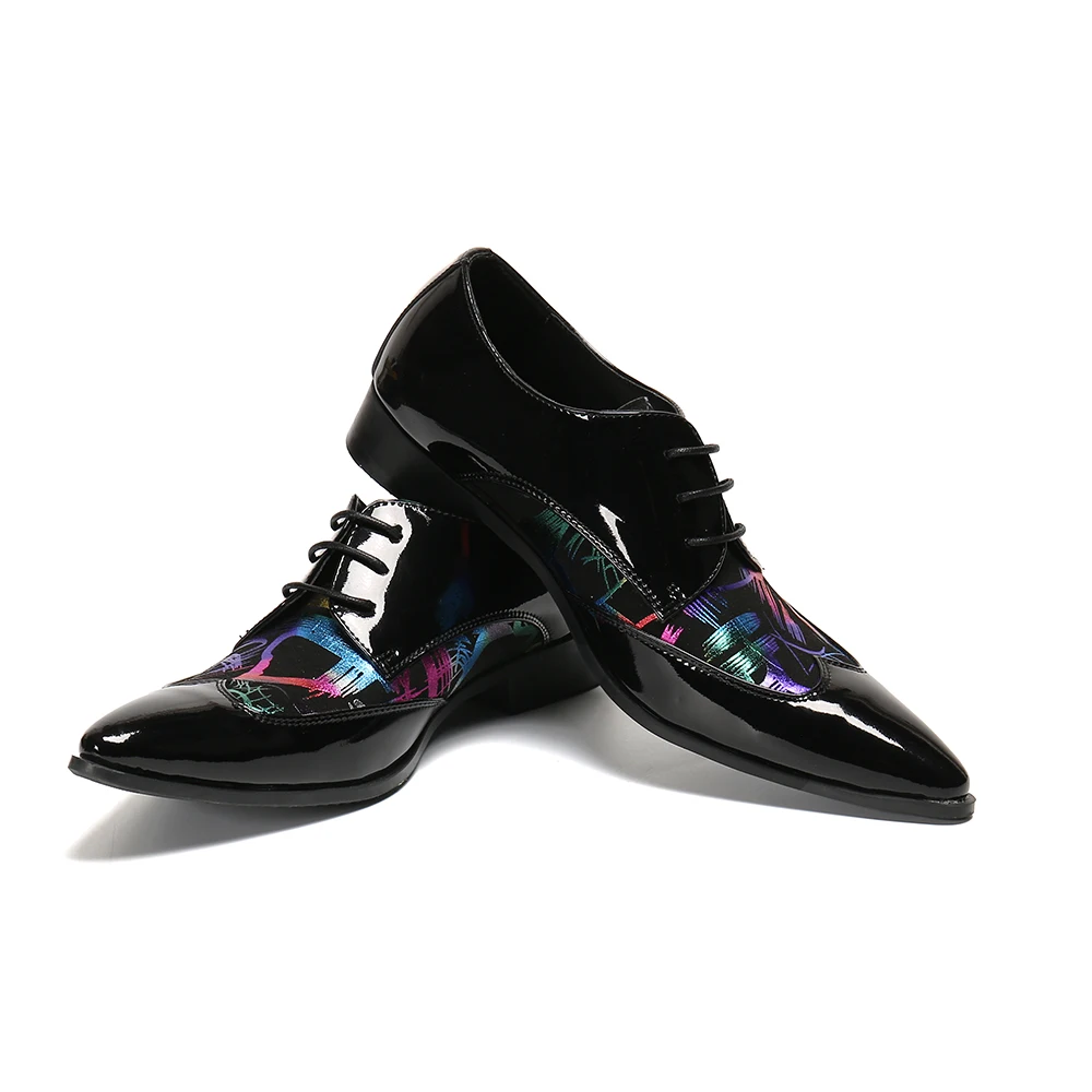 Fashion Print British Style Decor Men Genuine Pointed Metal Toe Shoes Lace Up For Men Dress Wedding Formal Oxford Shoes Male