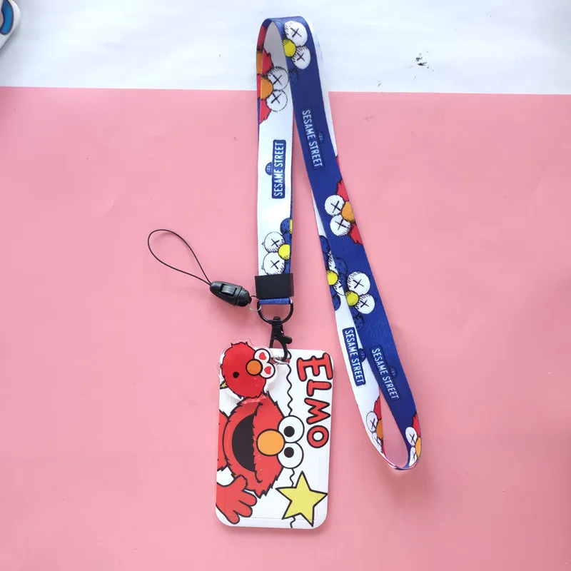 Cartoon Elmo Lanyard Push & Pull Credit Card ID Holder Bag Student Women Travel Bank Bus Business Card Cover Badge With Keychain