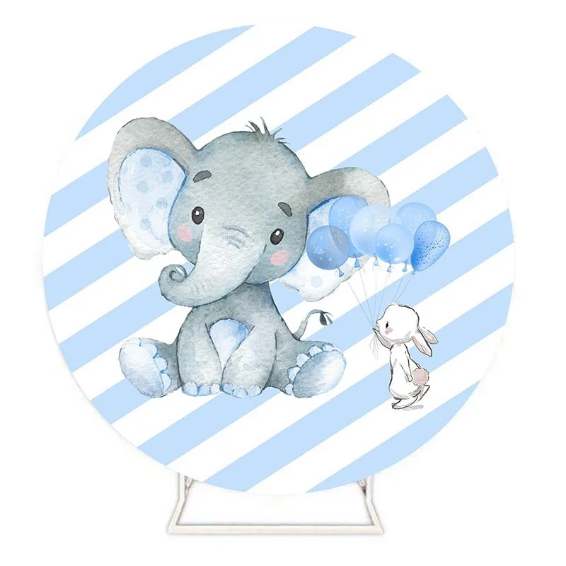Mocsicka Little Elephant Round Backdrop Cover Blue White Stripes Balloon Baby Shower Photo Background for Photo Studio Photocall