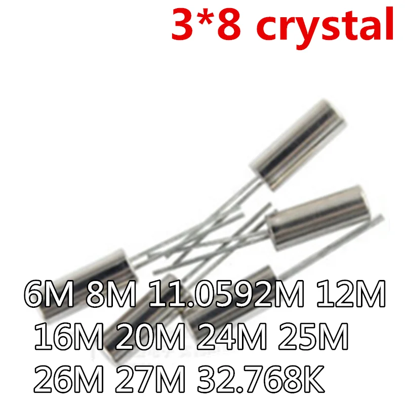 

10pcs 3*8 Cylindrical crystal oscillator 3x8 4MHZ 6M 8M 11.0592M 12M 16M 20M 24M 25M 26M 27M 32.768K
