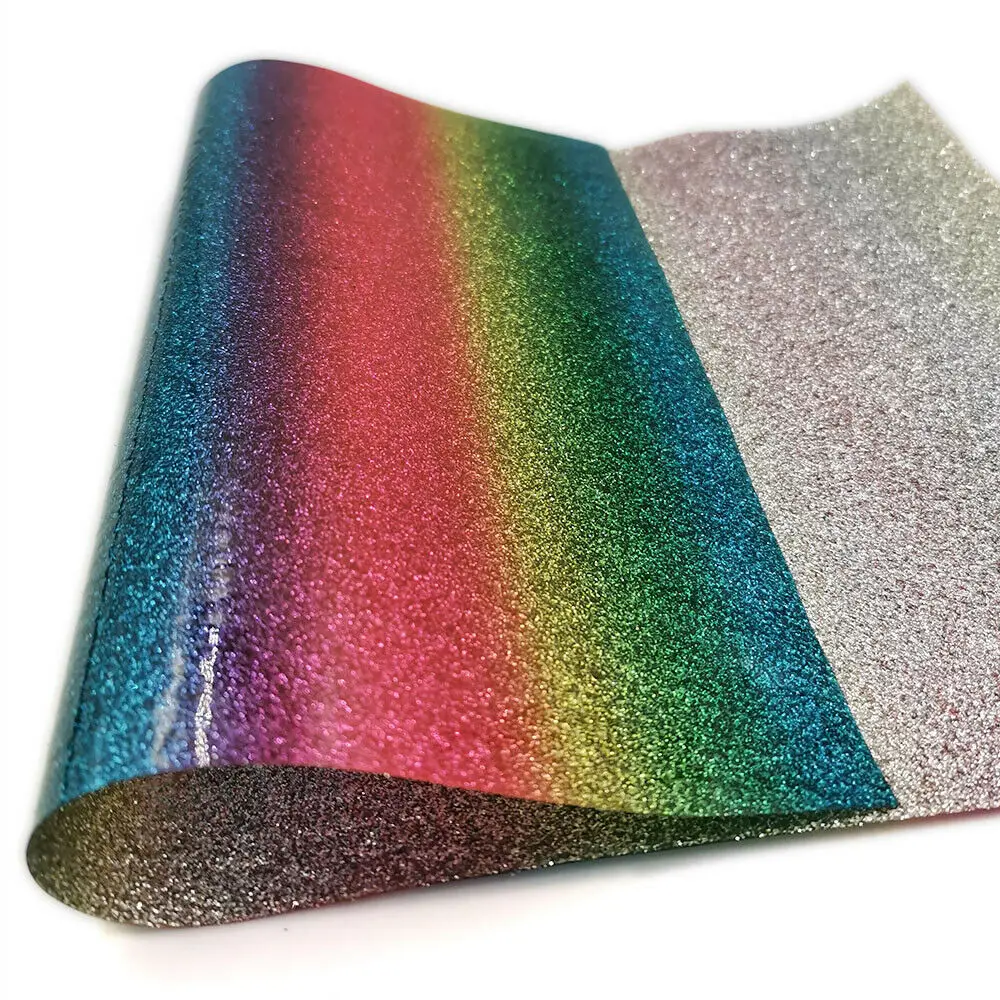 Shiny Rainbow Stripes Printed Fine Glitter Fabric Sparkle Faux Leather Vinyl Craft Sewing Material Making DIY Handmade Bow