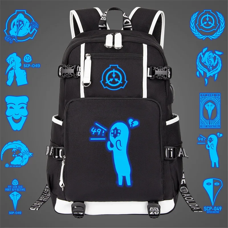 SCP Foundation Backpack Blue Fluorescent Luminous Children School Bag USB Teenage Boy Bookbag Laptop Shoulder Bags