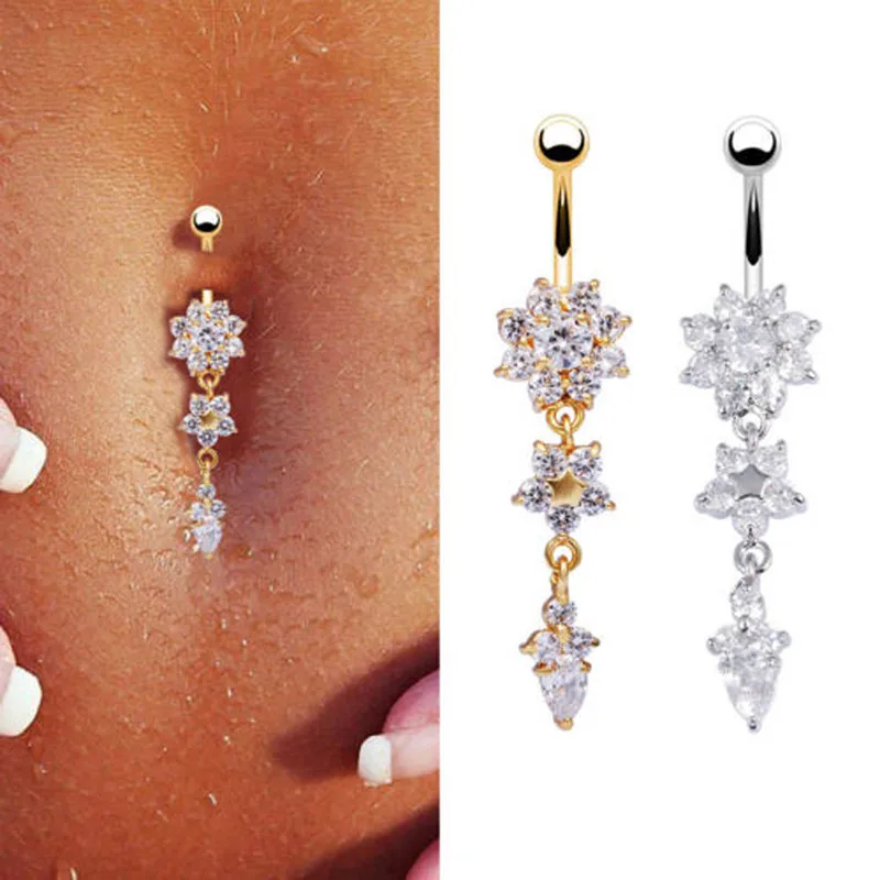 1 Stück Modischer Kristall-Nabelpiercing aus Edelstahl mit Blumenanhänger, Bauchnabelringe, Bauchpiercing, Körperschmuck für Frauen – Detail 1
