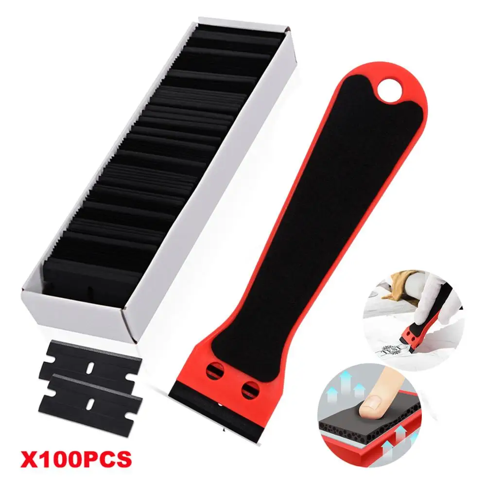 FOSHIO Carbon Fiber Car Wrap Sticker Remover Razor Scraper Cleaning Tool 100pcs Plastic Blades Window Glass Kitchen Squeegee