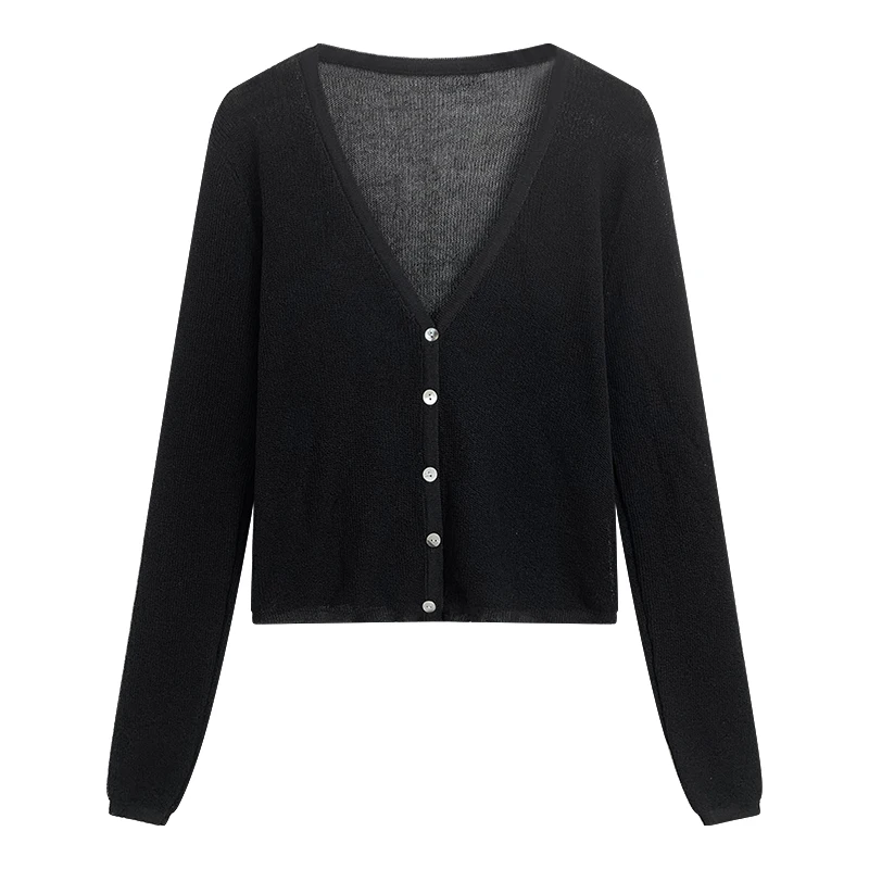 Summer Cardigan Long Sleeve Knitted Sweater Women Korean Short Sunscreen Cropped Cardigan Loose V-neck Solid Color Thin Tops