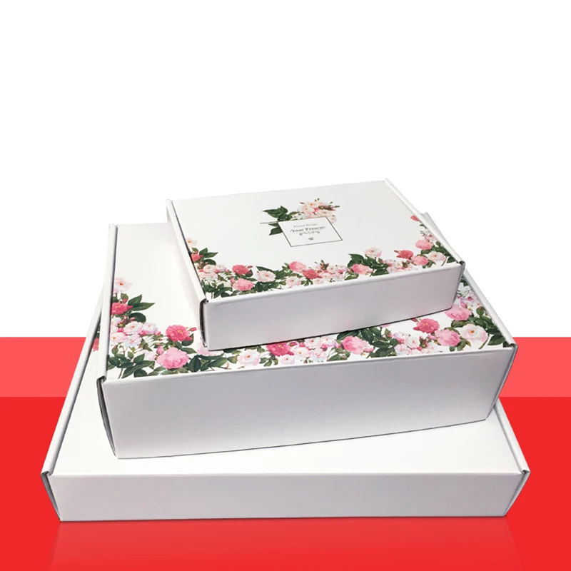 Caja de regalo con estampado de flores, embalaje de papel Kraft blanco, cartón grueso, suministros exprés, 3 capas, 10 unidades