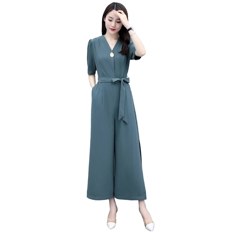 High Quality Women V-Neck Wide Leg Pants Rompers Summer Ladies Solid Color Jumpsuit Elegant Side Split Jumpsuits