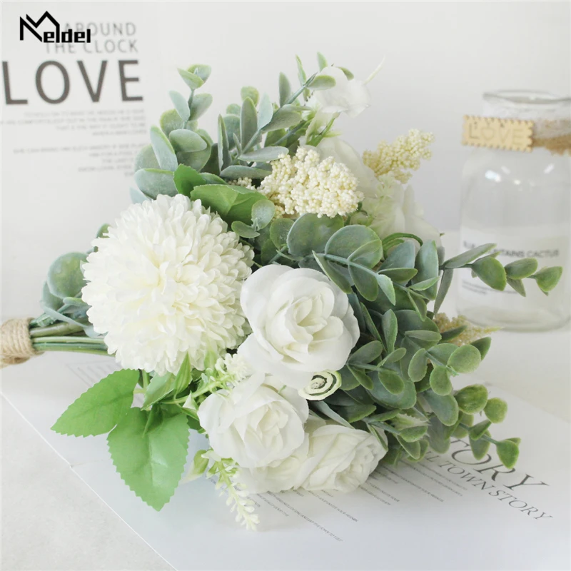 Meldel Wedding Flower Bouquet Artificial Silk Rose Lucky Ball Flower Home Wedding Decor Bride Bouquet Forest Style Eucalyptus images - 6