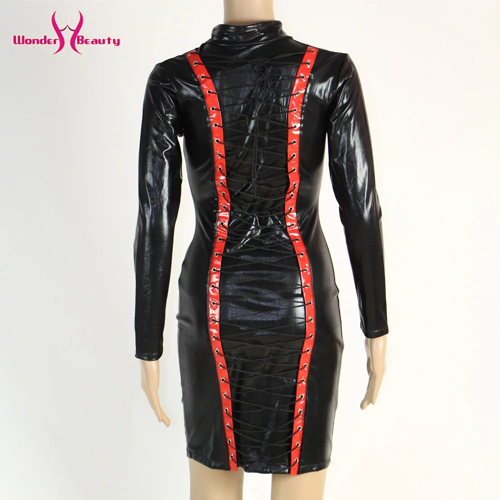 Fashion Long Sleeve Bandage Leather Dress Turn Neck Zipper Front Wetlook Nightclub Bodycon Dress Strappy Black Vinyl Dress