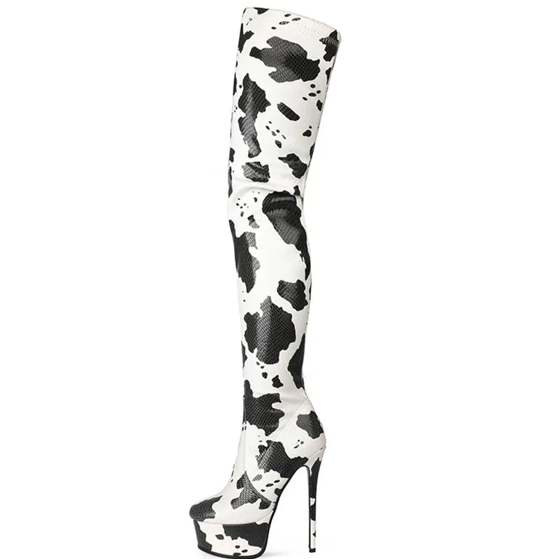 2020 New Arrival Latest Design Cow Print Platform Women Winter Thigh High Sexy Long Boots Customized Big Size 45