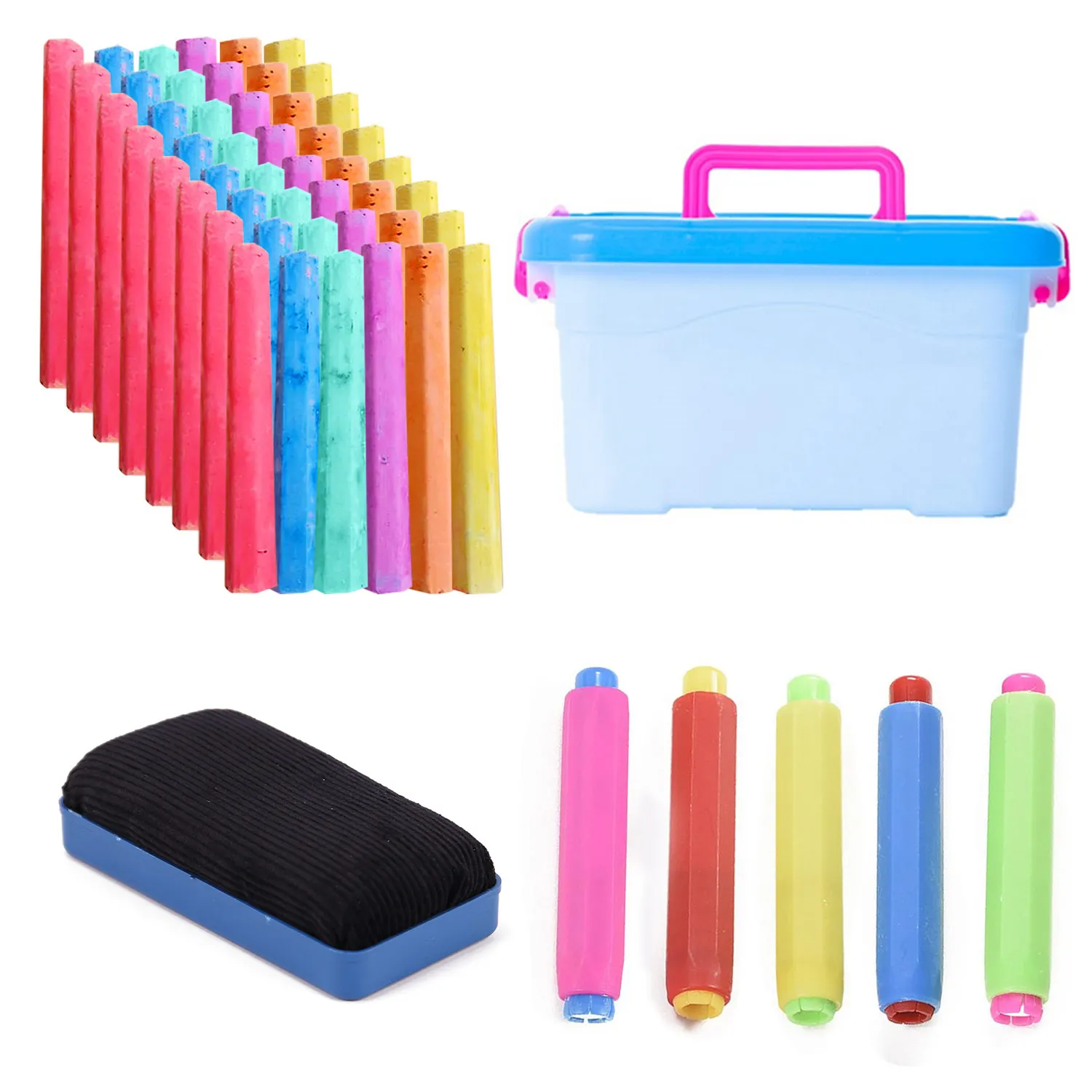 100 قطعة قابل للغسل الملونة بلا غبار طباشير مع 5 قطعة الطباشير حامل كليب و 1 قطعة ممحاة للمدرسة مكتب السبورة الزجاج