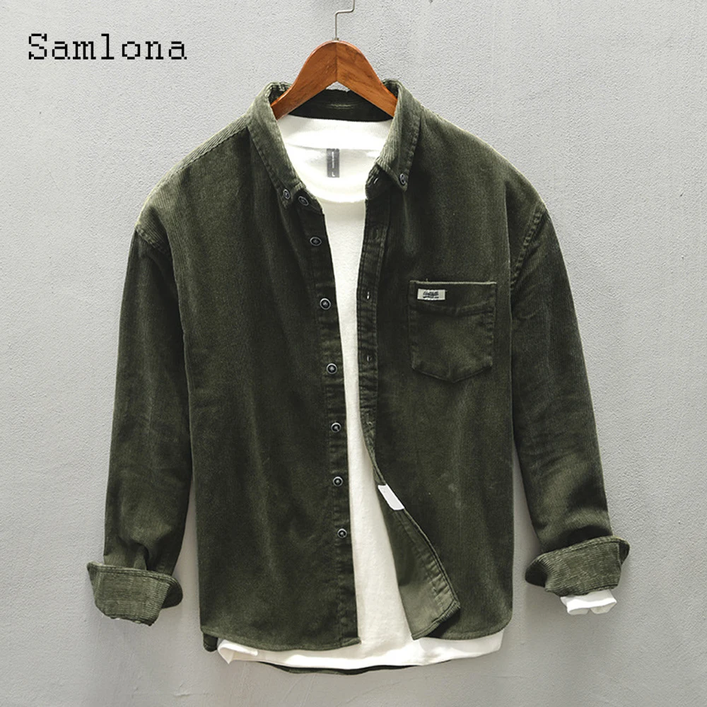 Samlona Men Fashion Corduroy Tops Sexy Male Clothing 2022 Spring New Casual Shirt blusas Plus Size 3xl Mens Lepal Collar Blouse