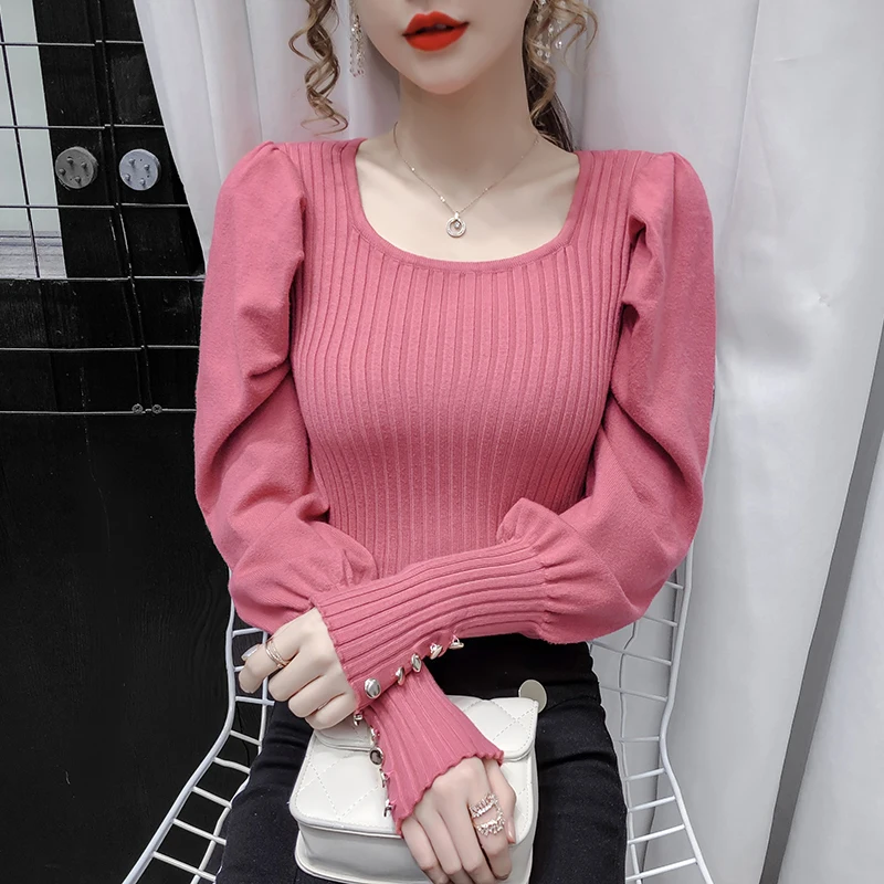 Popular Sweet Multi-color Pullover Round Neck Fancy Sleeves Slim Bottoming Sweater Female's Top New Korean Style Basic Clothing