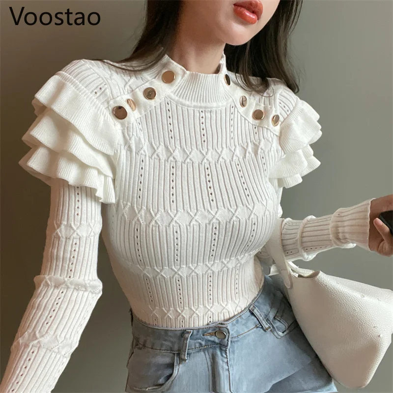 

Spring Autumn Women Elegant Chic Knitted Ruffles Long Sleeve Crop Sweater Fashion Office Lady Korean Slim Pullover Knitwear Tops