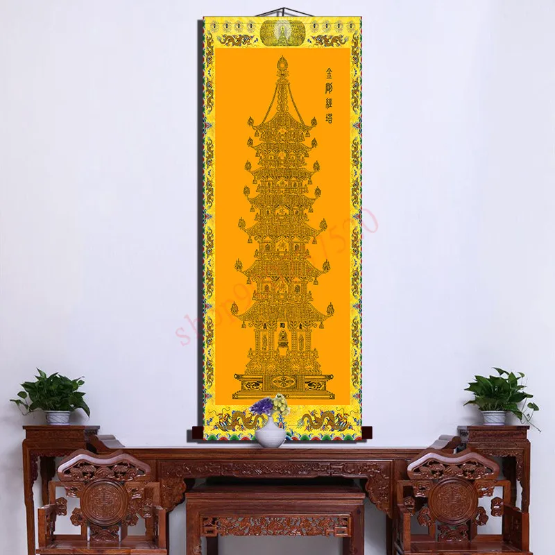 Vajra pagoda calligraphy and painting, scroll hanging painting Buddha Hall decoration silk painting, Prajna Paramita Heart Sutra