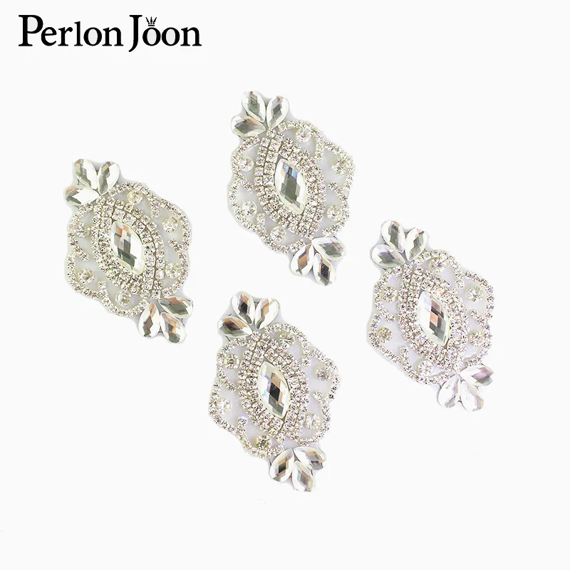 4pcs DIY silver iron on crystal leaf rhinestone patch glass hot fix applique decoration shoes wedding dress accessories TJ065