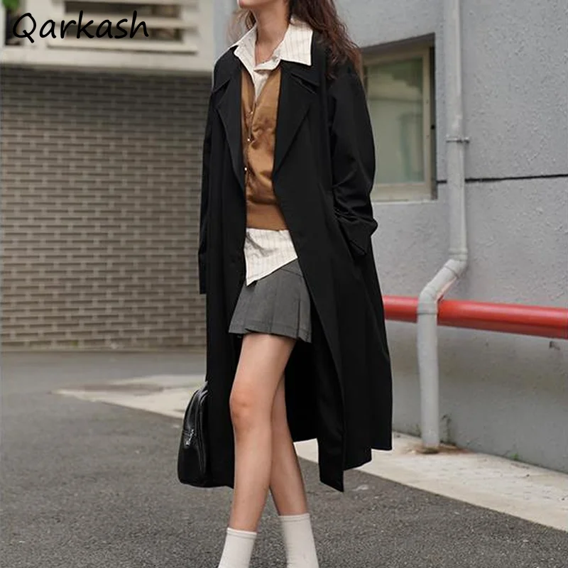 

Trench Women Black Windbreaker Long-style College BF Stylish All-match 2021 Autumn Ulzzang Fitness Casual Wide-waisted Overcoat